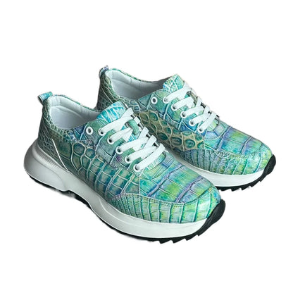 Designer real crocodile leather hand-painted aurora blue men's fashion sneakers crocodile leather men's lace-up casual shoes