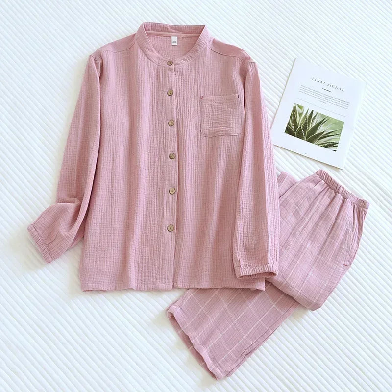 2026 Japanese style new couple sleepwear set 100% cotton crepe fabric long sleeved long pants two-piece home wear pajama
