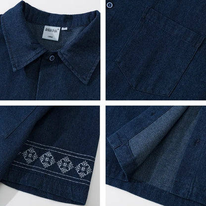 Summer Japanese Retro Ethnic Style Embroidered Denim Men's and Women's Short Sleeved Shirts, Loose Five Quarter Sleeved Workwear