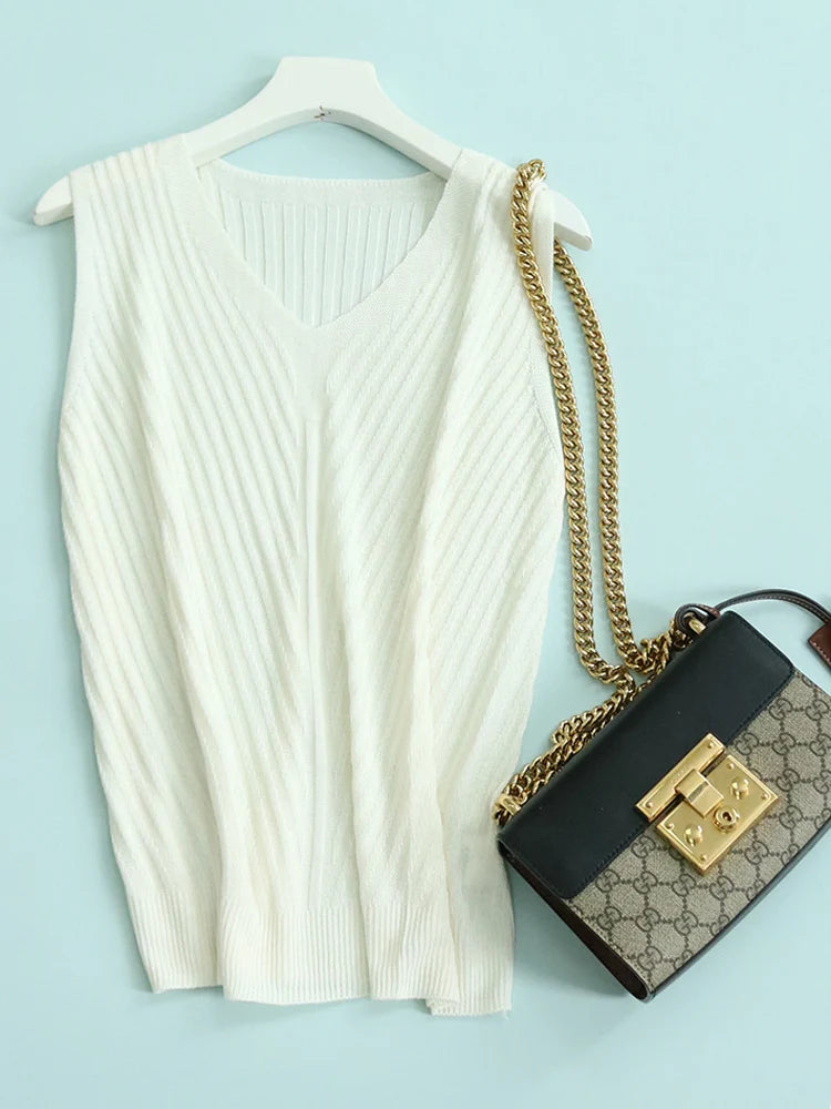 SuyaDream. Women Knitted Tanks, 45%Silk 55%Lyocell, V neck, Sleeveless Chic T Shirt, 2025 Solid Summer Vests