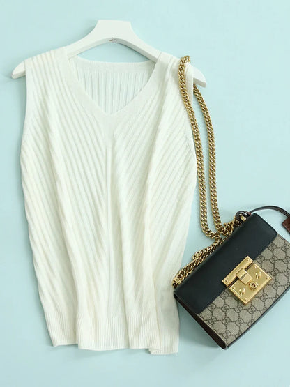 SuyaDream. Women Knitted Tanks, 45%Silk 55%Lyocell, V neck, Sleeveless Chic T Shirt, 2025 Solid Summer Vests