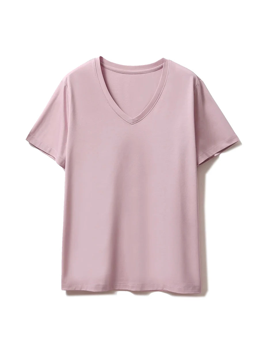 SuyaDream,Women Solid T shirts, 10%Silk 58%Cotton, V Neck, Short Sleeved Tee, 2025 Summer Candy Colors Basic Cozy Top