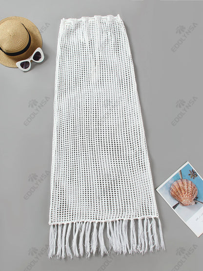 Sexy Summer Knit Cut Out Beach Half Skirt Women Chic Drawstring Fringed Casual Wrap Skirts 2026 Pool Party Swimwear Cover Up K50