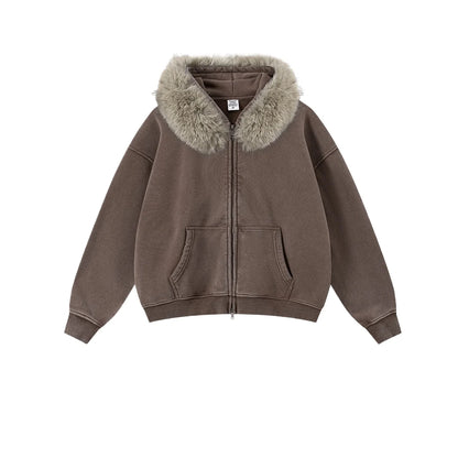 Custom LOGO Men's 400G Autumn Winter Retro Washed Boxy Fleece Collar Plush Thickened  Hooded  Zipper Jacket Couple style set