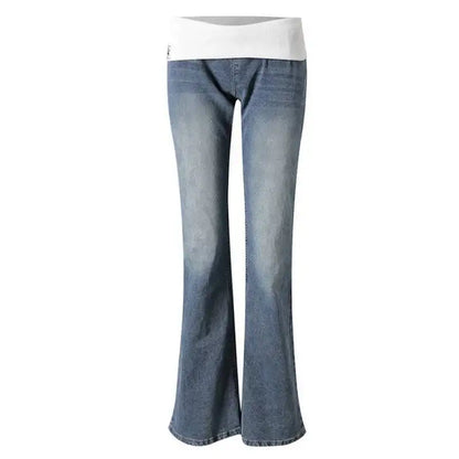 DEAT Fashion Fold Over Waist Flare Jeans Women's Low Waist Slim Light Blue Denim Pants Summer New