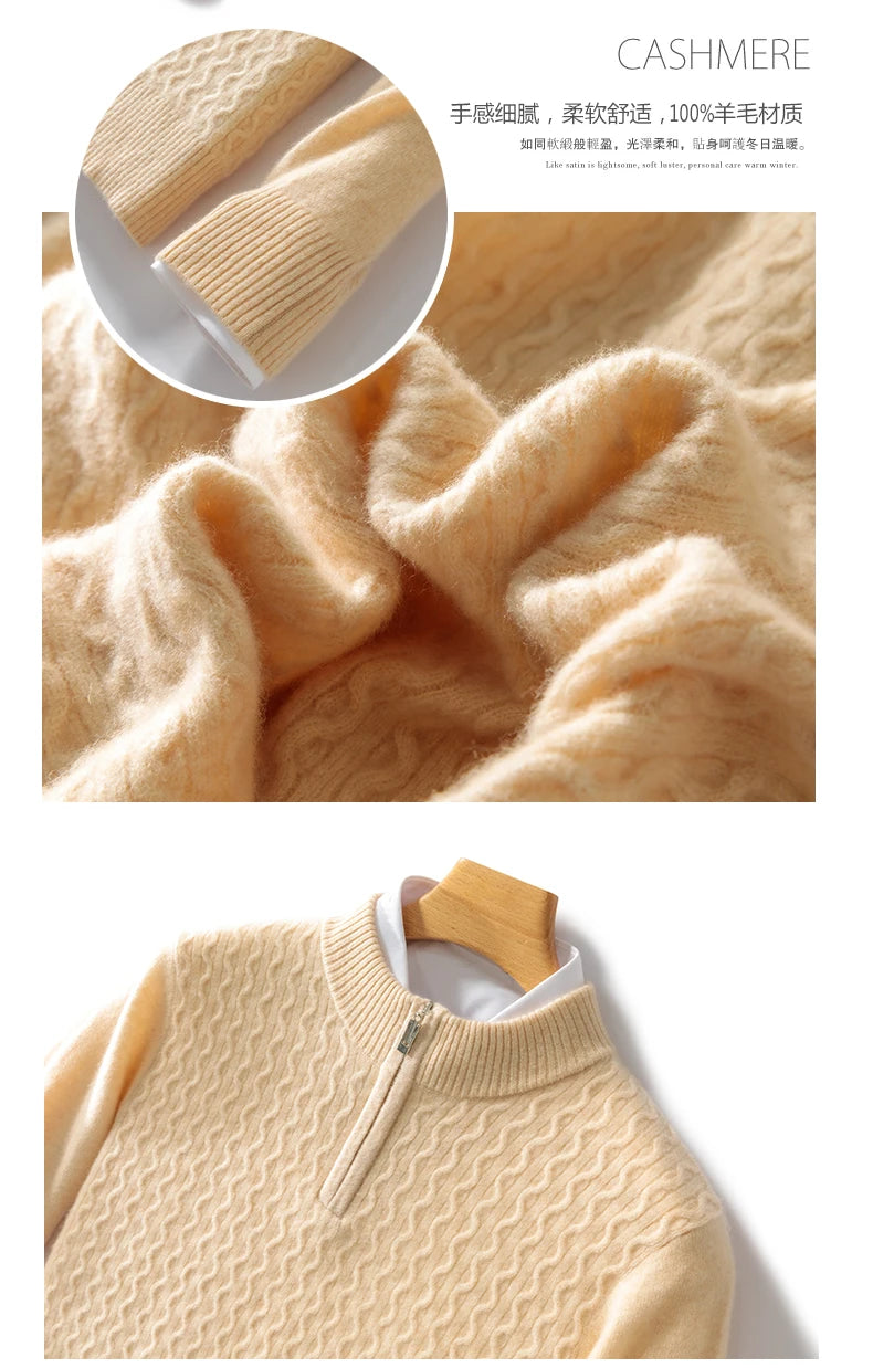 2024 Autumn Winter New Men's Half-High-Neck Thick 100% Pure Wool Sweater Long-Sleeved Business Warm Cashmere Bottoming Shirt Top