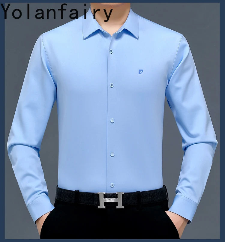YOLANFAIRY 100% Mulberry Silk Long Sleeve Shirt Man Spring Autumn Casual Silk Mens Shirts Warm Male White Shirt chemises hommes