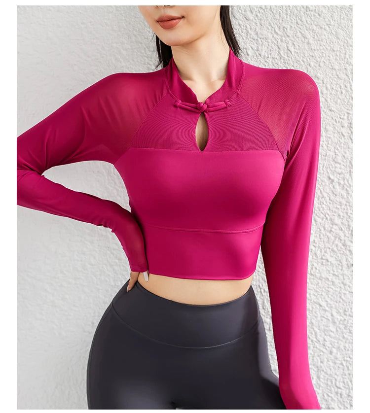 Workout Crop Tops for Women Yoga Long-sleeved Slim Fit Athletic Gym Built in Bra Running Workout