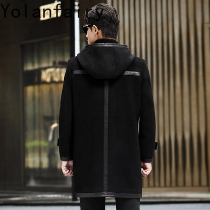 YOLANFAIRY Luxury Woolen Jackets for Man Autumn Winter Mid-length Pure Wool Patchwork Sheepskin Trench Coat Hooded Mens Jacket