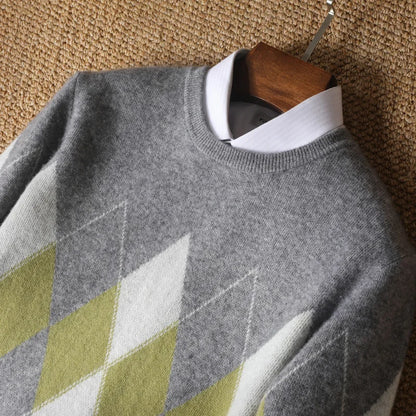 Autumn Winter New Men's Cashmere Sweater Thickened Round Neck Pullover With Contrast Color Loose Casual Knitted100% Wool Sweater