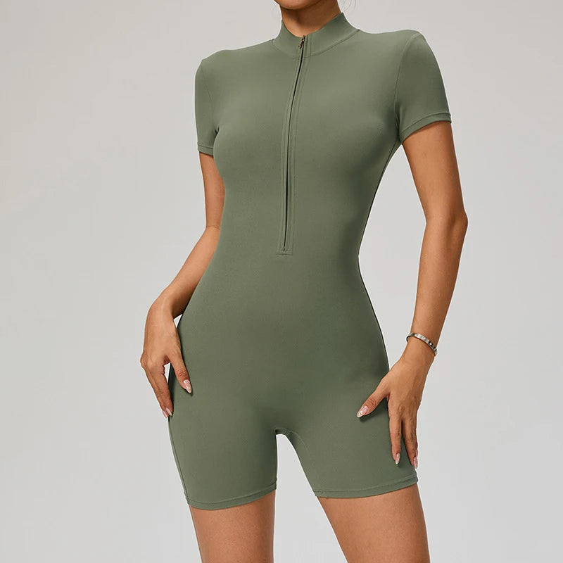 TRY TO BN Sports Jumpsuit Zipper Short Sleeves Yoga Sportswear Fitness Workout Bodysuit One Piece Suits Tights Gym Woman Clothes