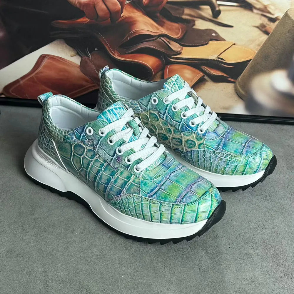 Designer real crocodile leather hand-painted aurora blue men's fashion sneakers crocodile leather men's lace-up casual shoes