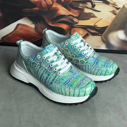 Designer real crocodile leather hand-painted aurora blue men's fashion sneakers crocodile leather men's lace-up casual shoes