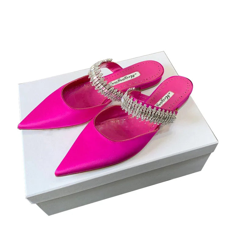 Women's 2022 Pump Summer New Rhinestone Chain Slippers High Heels Stiletto Pointed Shallow Mouth Silk Sandals Outer Wear