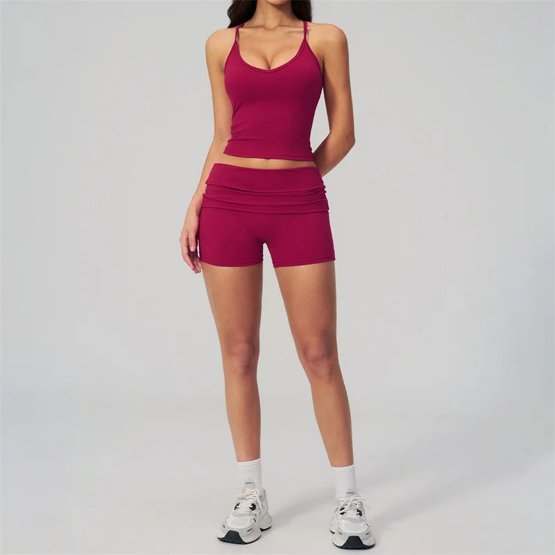 TRY TO BN Two Pieces Women's Tracksuit Vest Sling Top Set Fold-over Waist Yoga Shorts Hip Lifting Running Fitness Gym Activewear