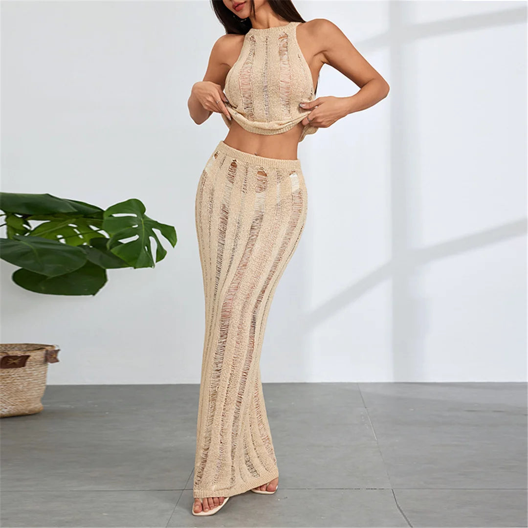 New Sleeveless Crochet Knitted 2 Pieces Suits Tunic Beach Cover Up Cover-ups Beach Dress Beach Wear Beachwear Female Women V6717