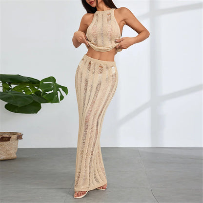 New Sleeveless Crochet Knitted 2 Pieces Suits Tunic Beach Cover Up Cover-ups Beach Dress Beach Wear Beachwear Female Women V6717