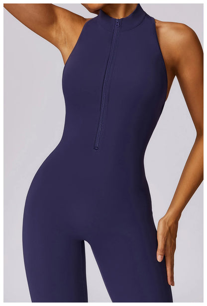 Summer V Back One-piece Suit Women Sports Jumpsuit Zippers Yoga Rompers Backless Sportswear Women Sleeveles Workout Bodysuits