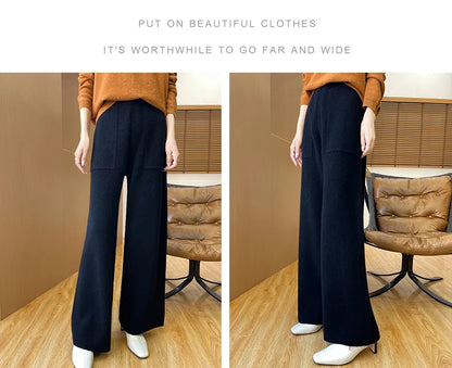 DjzDsm Women's Autumn Spring Knitted Floor-Length Wide Leg Pants 100% Merino Wool Long Trousers