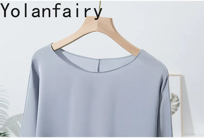 YOLANFAIRY 23MM 93% Real Mulberry Silk T Shirts for Women Summer O-neck Blouse Woman Elegant Shirt Loose OL Tops and Blouses