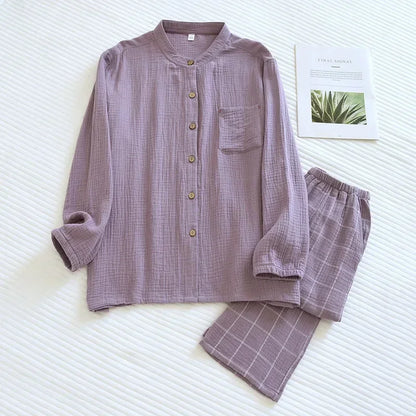 2026 Japanese style new couple sleepwear set 100% cotton crepe fabric long sleeved long pants two-piece home wear pajama