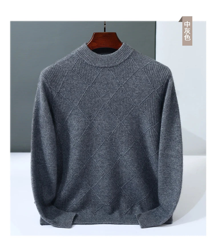 Autumn Winter New Style 100% Goat Cashmere Men's Mock Neck Diamond Knitted Base Shirt Casual Business Top Fashionable Knitwear