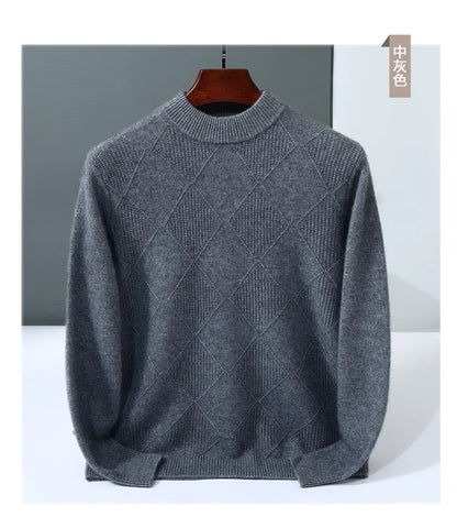 Autumn Winter New Style 100% Goat Cashmere Men's Mock Neck Diamond Knitted Base Shirt Casual Business Top Fashionable Knitwear