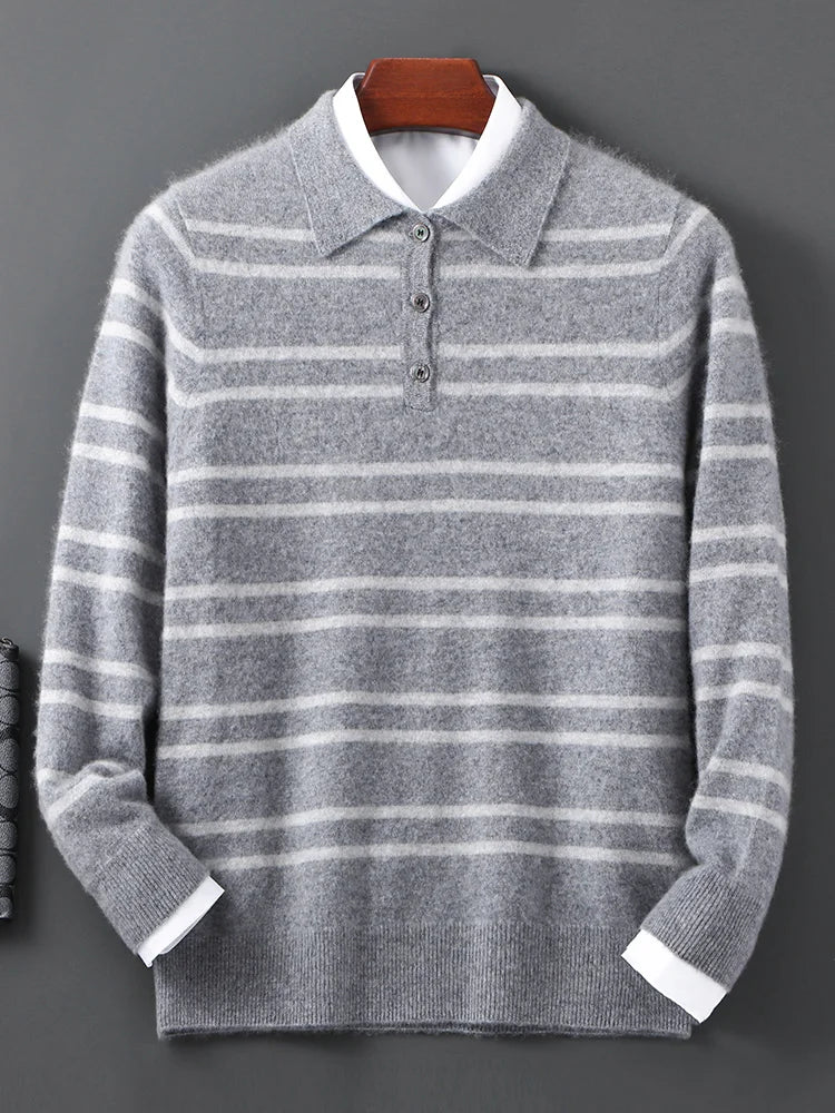 Men Leisure 100% Merino Wool Sweater Polo Collar Knit Pullover Autumn Winter Cashmere Clothing Casual Business Color Stripe Top
