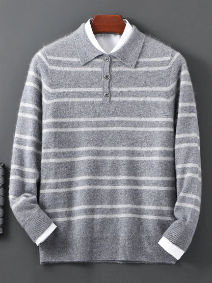 Men Leisure 100% Merino Wool Sweater Polo Collar Knit Pullover Autumn Winter Cashmere Clothing Casual Business Color Stripe Top