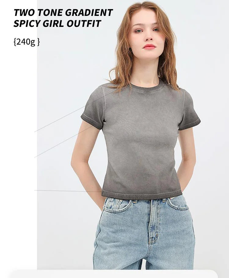 Female 240GSM Gradient Washed Custom LOGO Solid Slim  T-Shirt Soft Cotton Streetwear Casual Short Sleeve Cool Retro For Women