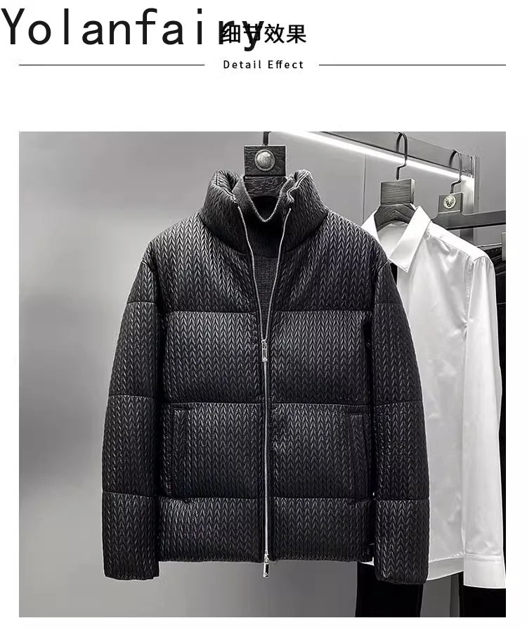 YOLANFAIRY Luxury Top Layer Sheepskin Leather Jackets for Man 2025 Winter Fashion White Goose Down Coat Warm Black Puffer Jacket