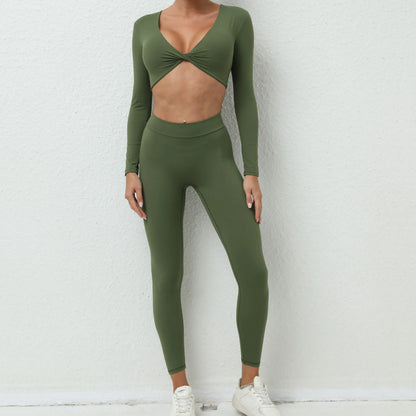 Yoga Set Women Clothes Workout Set 2 Pieces Sportswear Gym Clothing Fitness Long Sleeve Crop Top High Waist Leggings Sports Suit