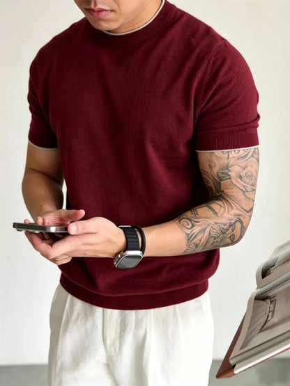 Light Luxury Cashmere Blend Anti Pilling Knitted Short Sleeved Round Neck T-shirt for Men, Retro Casual Business Summer Shirt