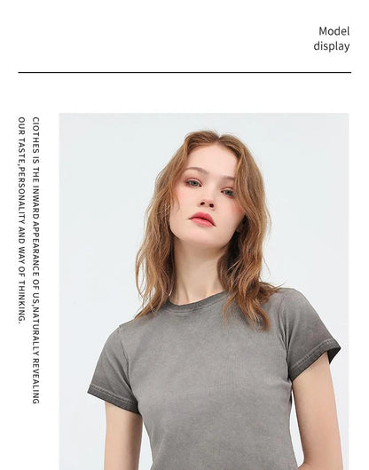 Female 240GSM Gradient Washed Custom LOGO Solid Slim  T-Shirt Soft Cotton Streetwear Casual Short Sleeve Cool Retro For Women