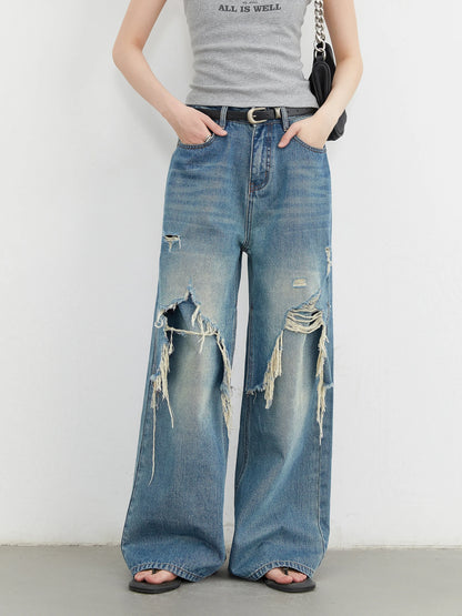 CHIC VEN Women Jeans Loose Casual High Waisted Wide Leg Ripped Rough Edge Denim Pants Female Trousers Spring Autumn 2025