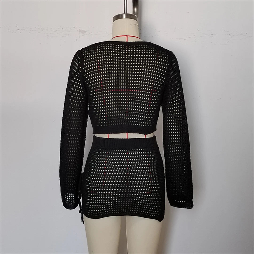 V Neck Long Sleeve Crochet Knitted 2 Pieces Suits Beach Cover Up Cover-ups Beach Dress Beach Wear Beachwear Female Women V6490