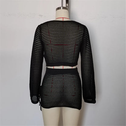 V Neck Long Sleeve Crochet Knitted 2 Pieces Suits Beach Cover Up Cover-ups Beach Dress Beach Wear Beachwear Female Women V6490