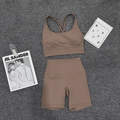 SOISOU Nylon Gym Yoga Set Women's Tracksuit Cycling Shorts Set Tight Elastic Short Chest Pad Removable Bra Womens Clothing
