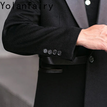 YOLANFAIRY 2025 Autumn Genuine Sheepskin Patchwork Wool Coat Man Clothing Men's Mid-length Suit Windbreaker Trendy Woolen Jacket