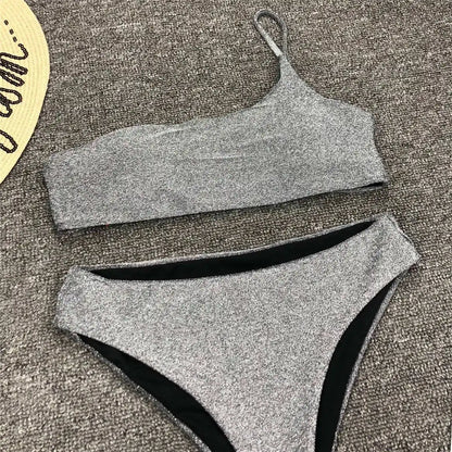 Shiny Glitter Sparkling High Waist Bikini Female Swimsuit Women Swimwear Two-pieces Bikini set One Shoulder Bathing Suit V1264