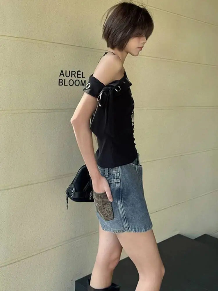 DEAT Fashion High Waist Button Detailed Washed Denim Mini Skirt Women's Wrap Design Streetwear Summer Bottoms New 7A4204