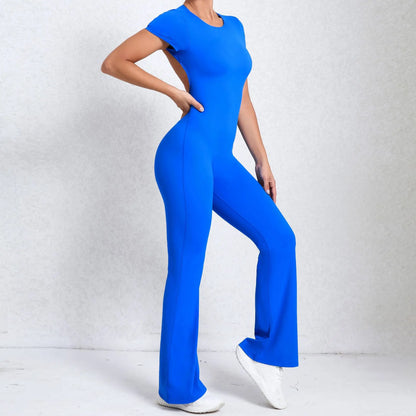 Women's Tracksuit Yoga Set Backless Jumpsuits Back V One Piece Fitness Rompers Short Sleeves Sportswear Gym Set Workout Clothes