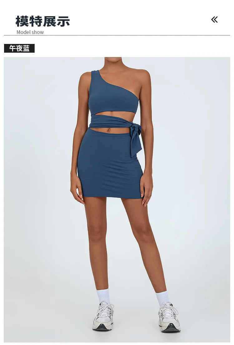 Tennis Dress Women Golf One Shoulder Hollow Out Bandage Slim Fit Fitness Tennis Short Skrit Badminton Dress One-Pieces Yoga Set