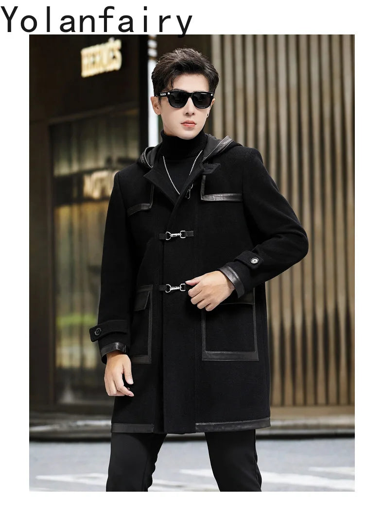 YOLANFAIRY Luxury Woolen Jackets for Man Autumn Winter Mid-length Pure Wool Patchwork Sheepskin Trench Coat Hooded Mens Jacket