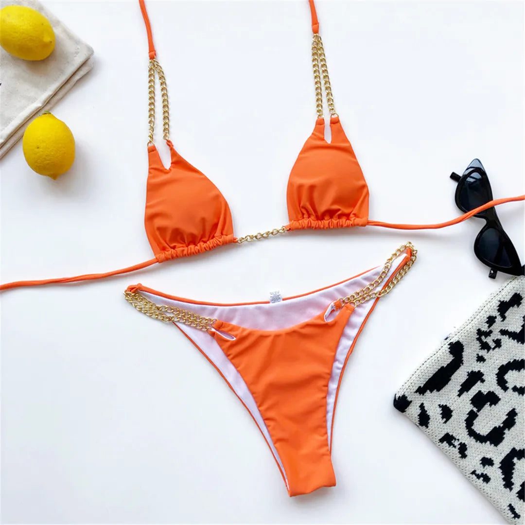 7 Colors Sexy Halter Bikini Female Swimsuit Women Swimwear Two-pieces Bikini set Metal Chain Bather Bathing Suit Swim Lady V2362