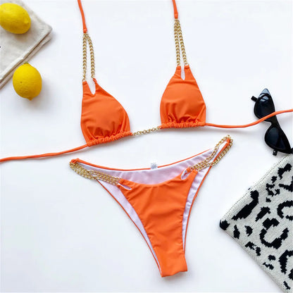 7 Colors Sexy Halter Bikini Female Swimsuit Women Swimwear Two-pieces Bikini set Metal Chain Bather Bathing Suit Swim Lady V2362