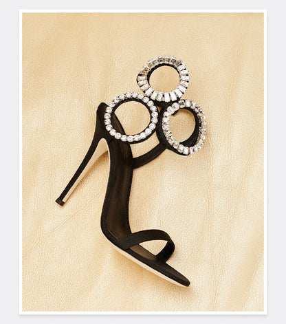 2024 New Dress Wedding Shoes with One Word Water Diamond Fine Heel Roman Women's Sandals