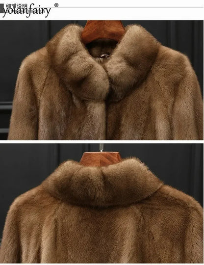 Real Mink Fur Coat Women Clothing Whole Mink Midi Long Fur Jacket 2023 Winter Clothes for Woman Stand Collar Abrigos Mujer FCY