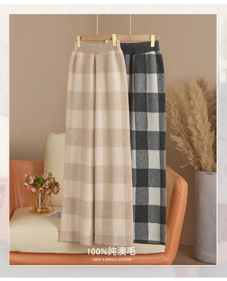 DjzDsm Autumn and Winter New Women's 100% Merino Wool Thickened High Waist Knitted Wide Leg Pants Four Flat Casual Plaid Pants