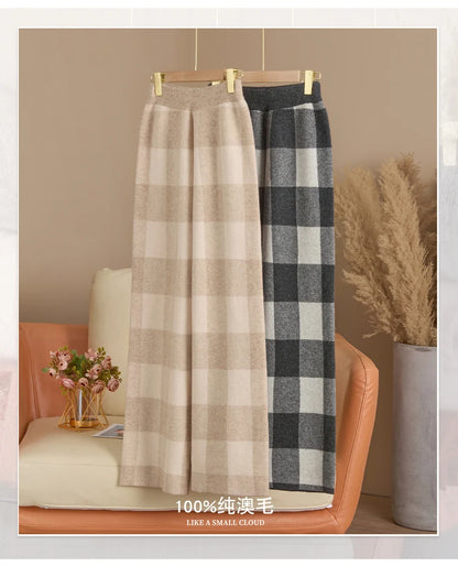 DjzDsm Autumn and Winter New Women's 100% Merino Wool Thickened High Waist Knitted Wide Leg Pants Four Flat Casual Plaid Pants